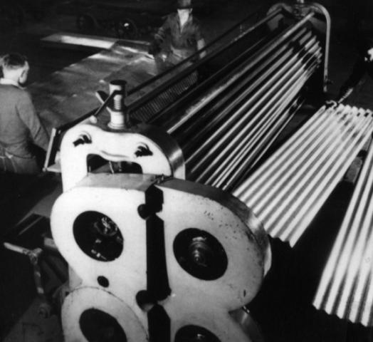 A photo of ORB corrugated sheeting being produced in Lysaght's early days