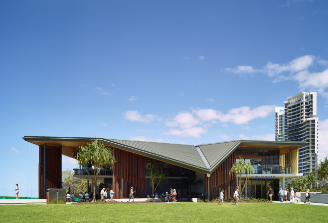 Modern building featuring a Lysaght COLORBOND® steel roof in a unique architectural design.